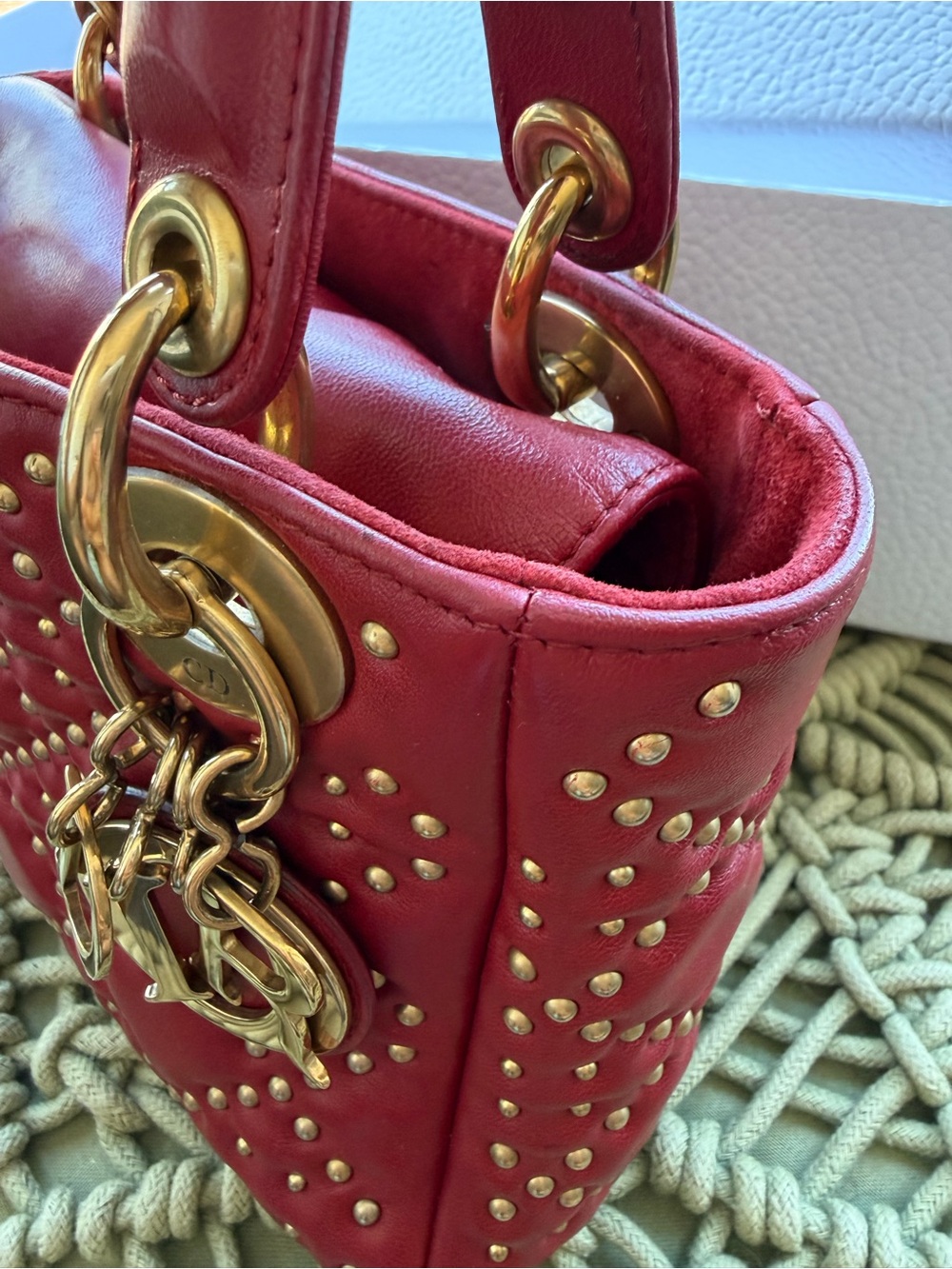 Dior Burgundy Studded Mini Lady Bag with Gold Hardware - Picture 3 of 9